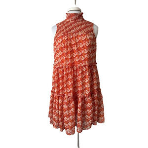 Taylor Women’s XS Boho Sheer Tiered Ruffle Floral Smocked High Neck Mini Dress